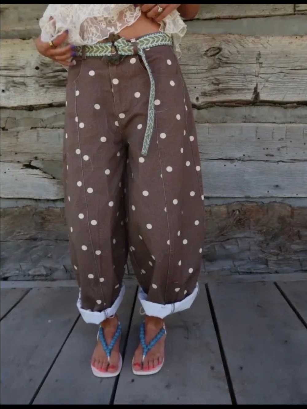 PEACH LOVE BROWN POLKA DOT BARREL JEANS BRAND NEW MULTIPLE SIZES